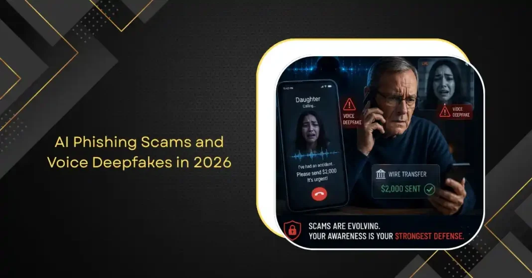 Person looking concerned at smartphone showing an AI-generated voice call, illustrating the rise of AI phishing scams and voice deepfake fraud in 2026