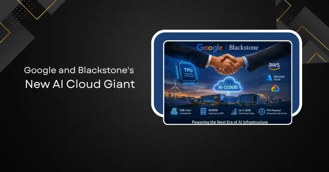 Modern AI data centre with rows of server racks, illustrating the January 2026 Google and Blackstone $5 billion AI cloud joint venture using TPU chips