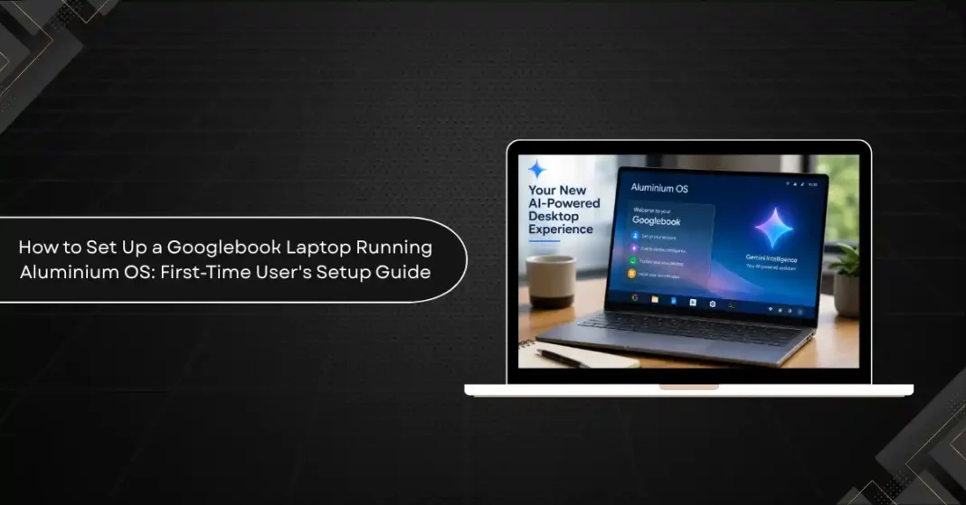 Googlebook laptop open on a desk displaying the Aluminium OS desktop with the Android 17 taskbar, window manager, and Gemini Intelligence Magic Pointer interface