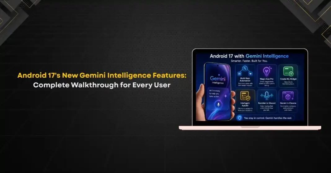 Android 17 smartphone screen showing Gemini Intelligence multi-step task automation running in the background with a Live Updates notification in the status bar