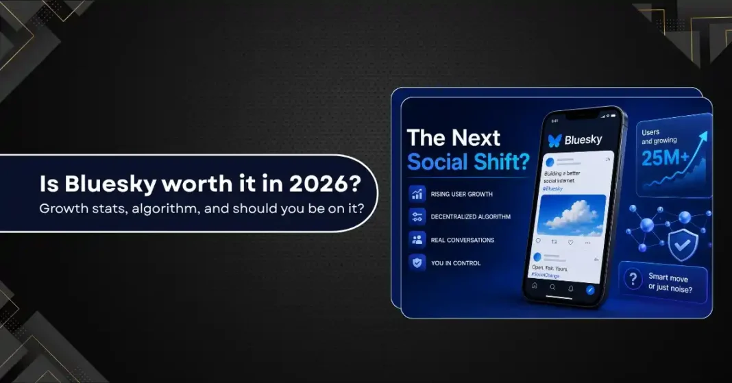 Bluesky social platform interface with user growth and algorithm insights in 2026
