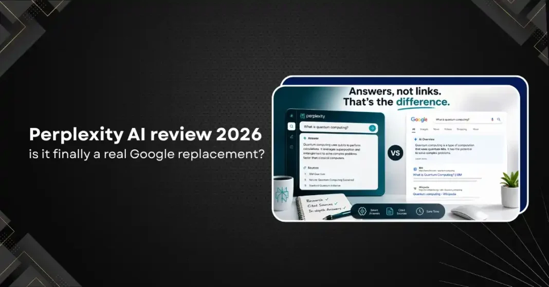 Perplexity AI interface on a desktop browser showing a cited answer alongside Google Search results, illustrating the 2026 comparison of AI-powered search tools