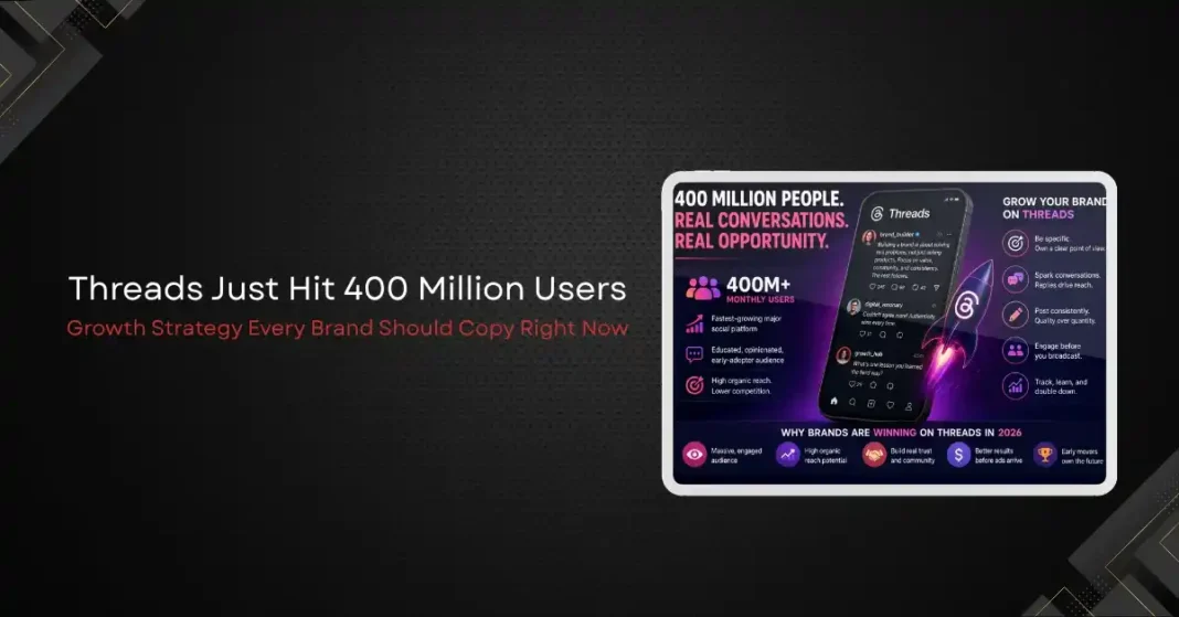 Threads app feed on a smartphone showing a branded post with high reply engagement, illustrating the platform's 400 million user milestone and organic growth opportunity for brands in 2026