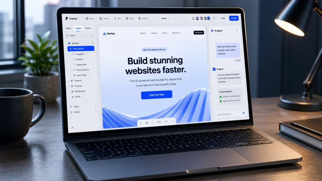 Modern website design canvas with AI assistant interface showing Framer-style layout editing on a glowing laptop screen in a professional tech workspace.