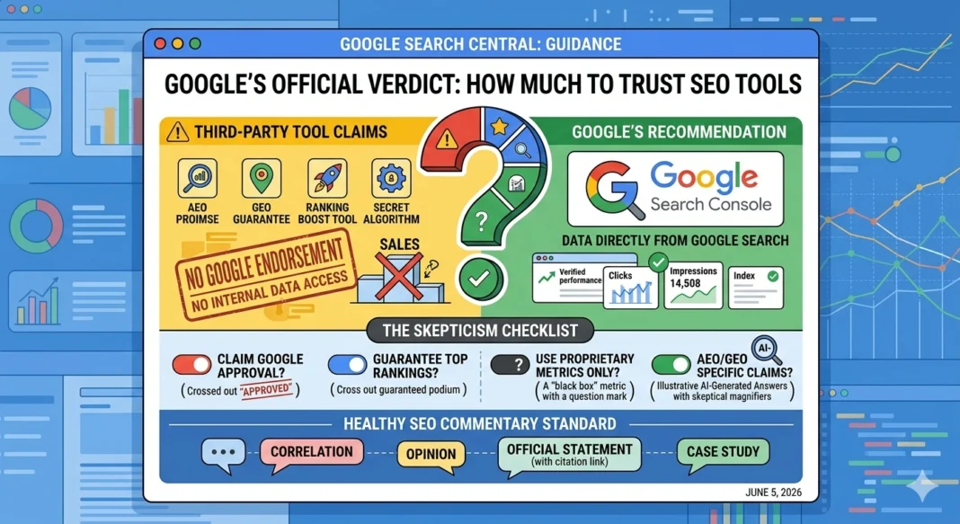 A clean conceptual infographic illustrating Google’s June 2026 SEO guidance. It features a secure block representing Google's internal ecosystem connected directly to Google Search Console, while a strict 