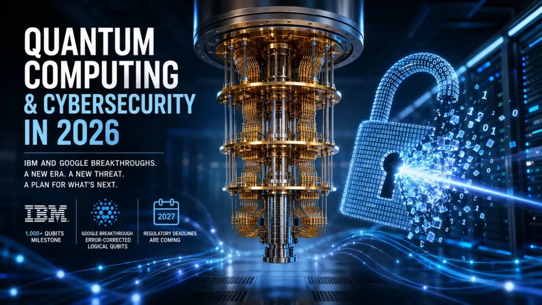 A futuristic quantum computing processor suspended inside a high-tech data center, illuminated with blue digital light trails, while a glowing digital padlock breaks apart to symbolize the cybersecurity risks posed by quantum computing. The banner highlights IBM's 1,000+ qubit milestone, Google's logical qubit breakthrough, and the growing need for post-quantum cryptography and quantum-safe encryption in 2026.