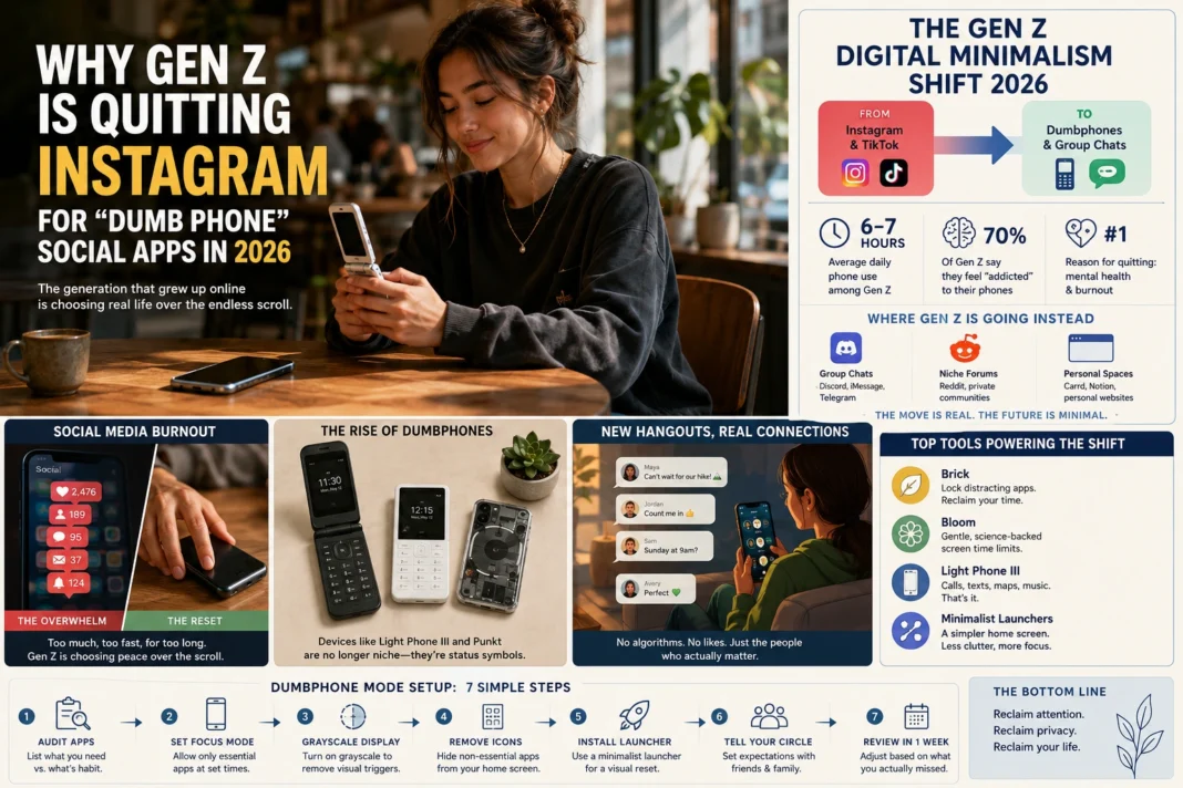 A young Gen Z woman sits in a bright, minimalist coffee shop using a retro flip phone while her smartphone rests face down on the table. Large headline text reads, 