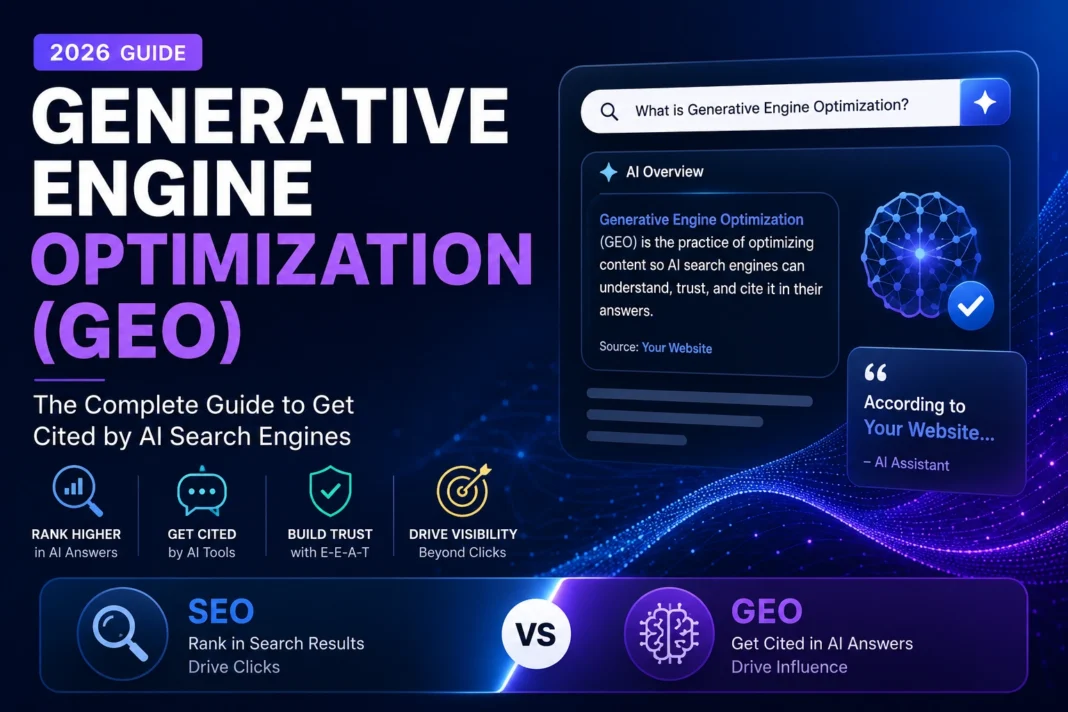 Generative Engine Optimization illustration of an AI chat answer citing a website