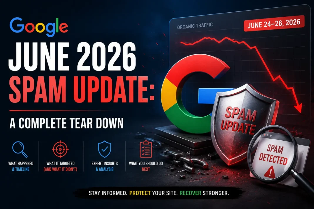 Banner for Google June 2026 Spam Update with Google logo, declining traffic chart, spam shield, and SEO analysis graphics.