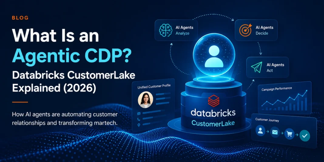 Digital illustration of an agentic CDP with AI data streams connecting customer profiles to a central hub